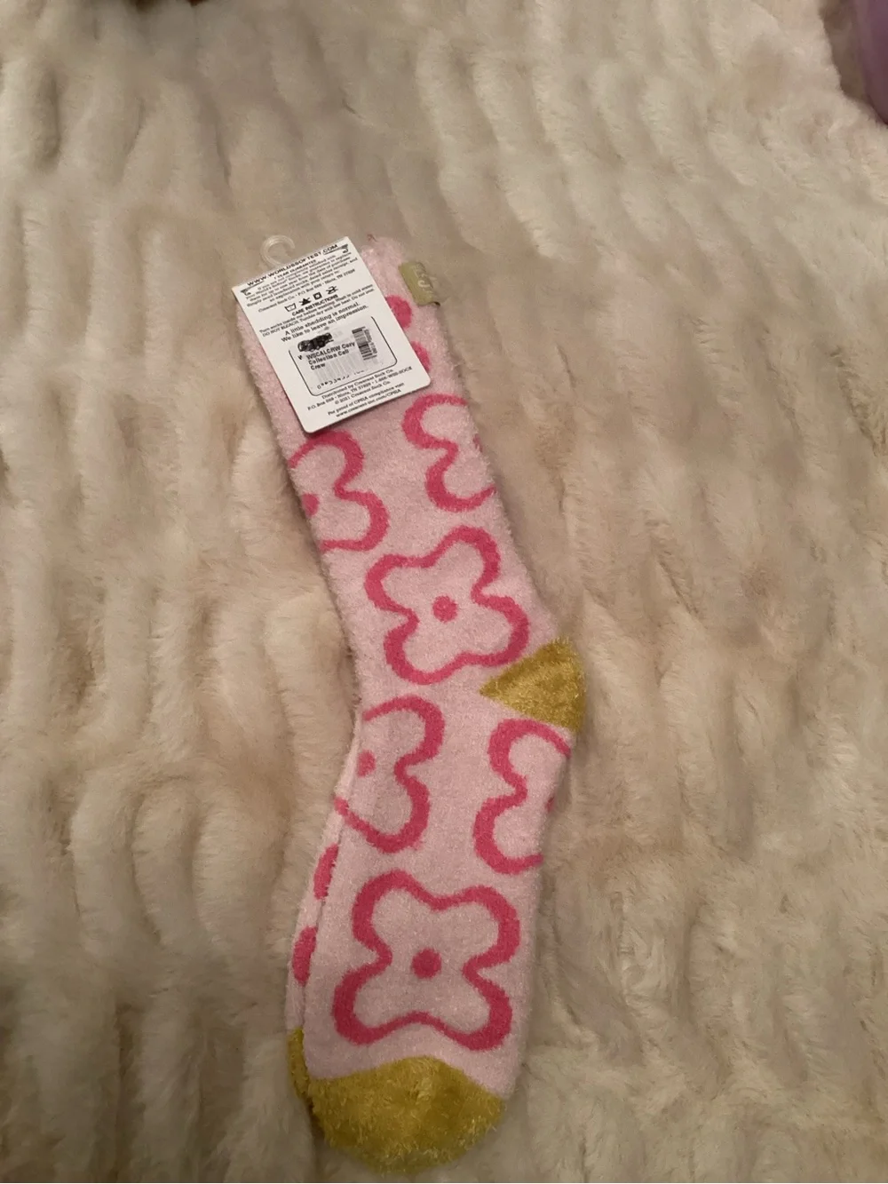 Women's Pink Floral Fuzzy Socks with Yellow Accents